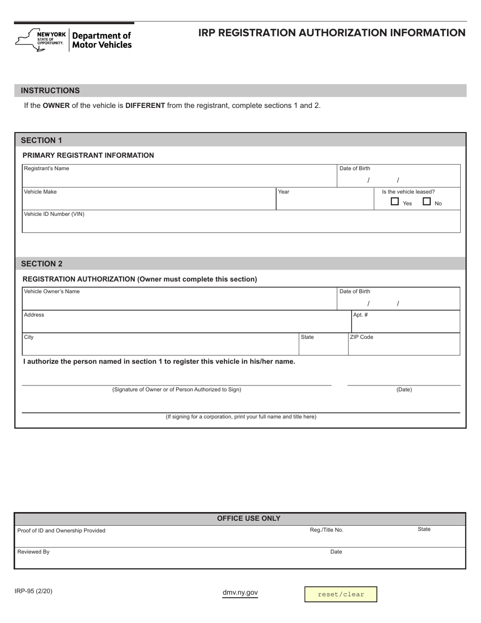 Form IRP-95 Irp Registration Authorization Information - New York, Page 1