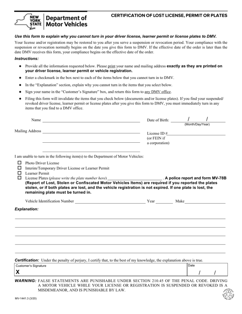 Form MV-1441.3  Printable Pdf