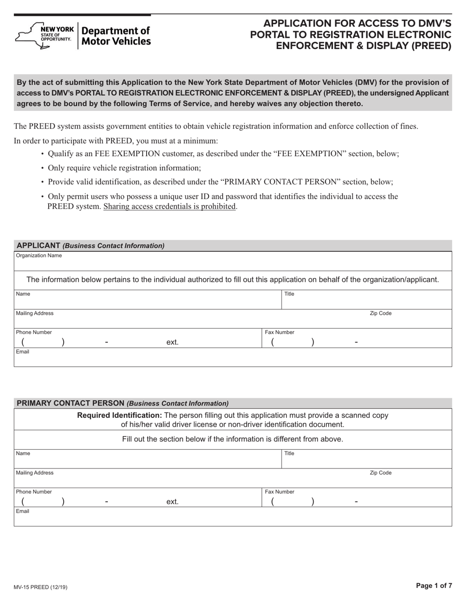 Form MV-15PREED Application for Access to DMVs Portal to Registration Electronic Enforcement  Display (Preed) - New York, Page 1