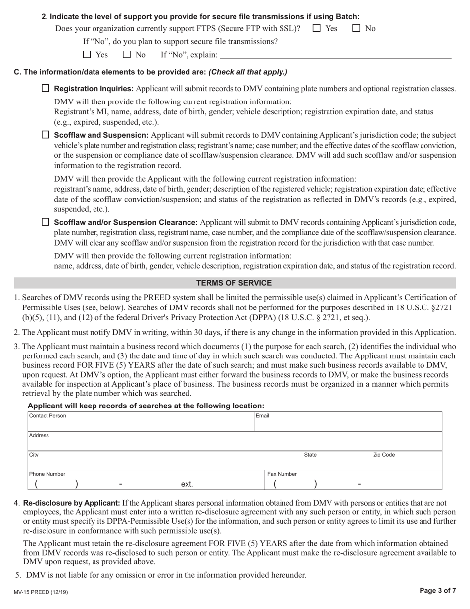 Form MV-15PREED Application for Access to DMVs Portal to Registration Electronic Enforcement  Display (Preed) - New York, Page 3