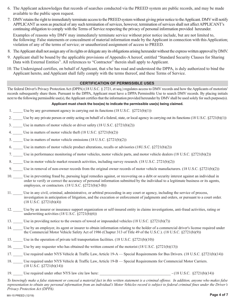 Form MV-15PREED Application for Access to DMVs Portal to Registration Electronic Enforcement  Display (Preed) - New York, Page 4