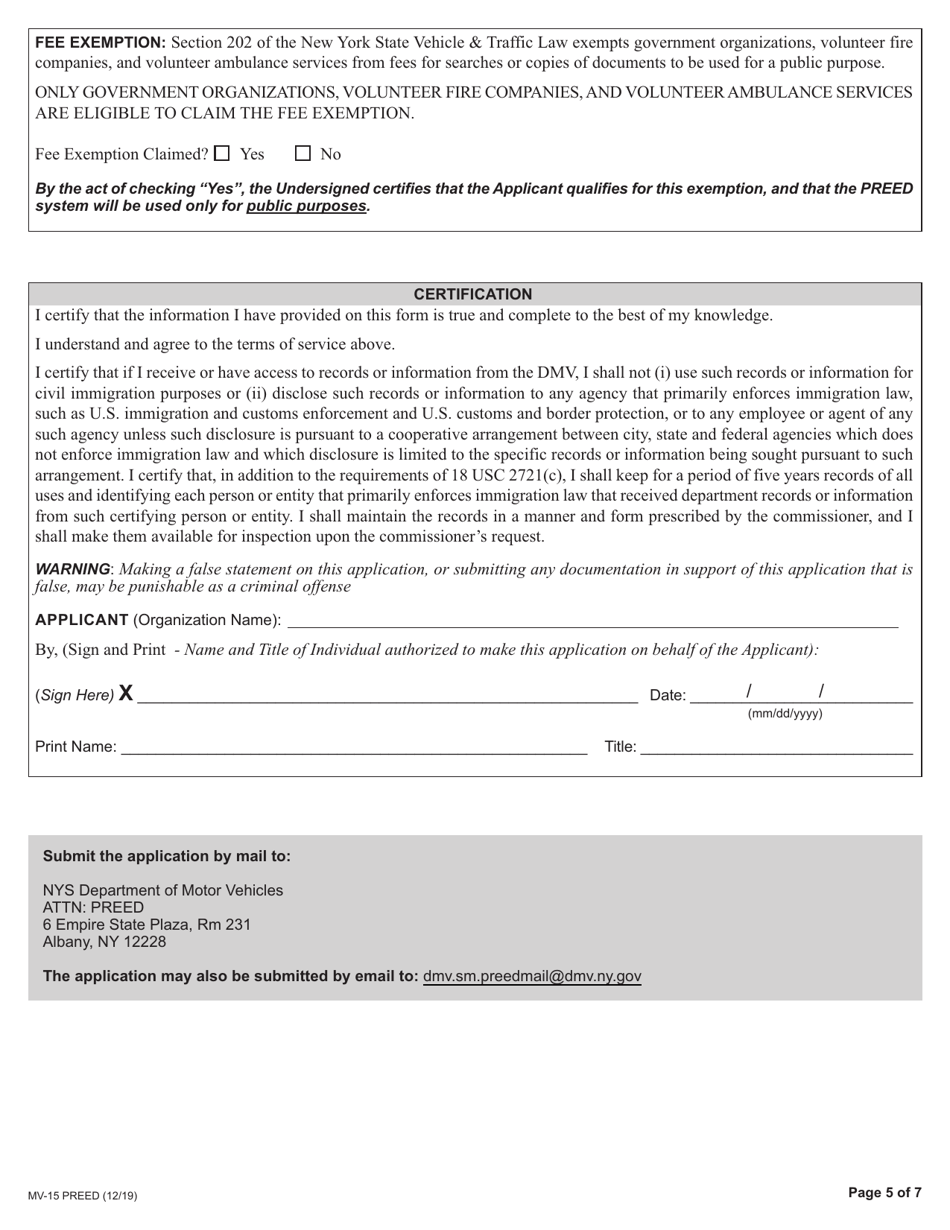 Form MV-15PREED Application for Access to DMVs Portal to Registration Electronic Enforcement  Display (Preed) - New York, Page 5