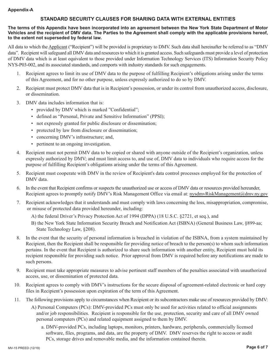 Form MV-15PREED Application for Access to DMVs Portal to Registration Electronic Enforcement  Display (Preed) - New York, Page 6