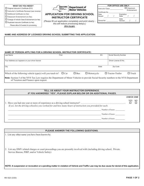 Form MV-523 Application for Driving School Instructor Certificate - New York