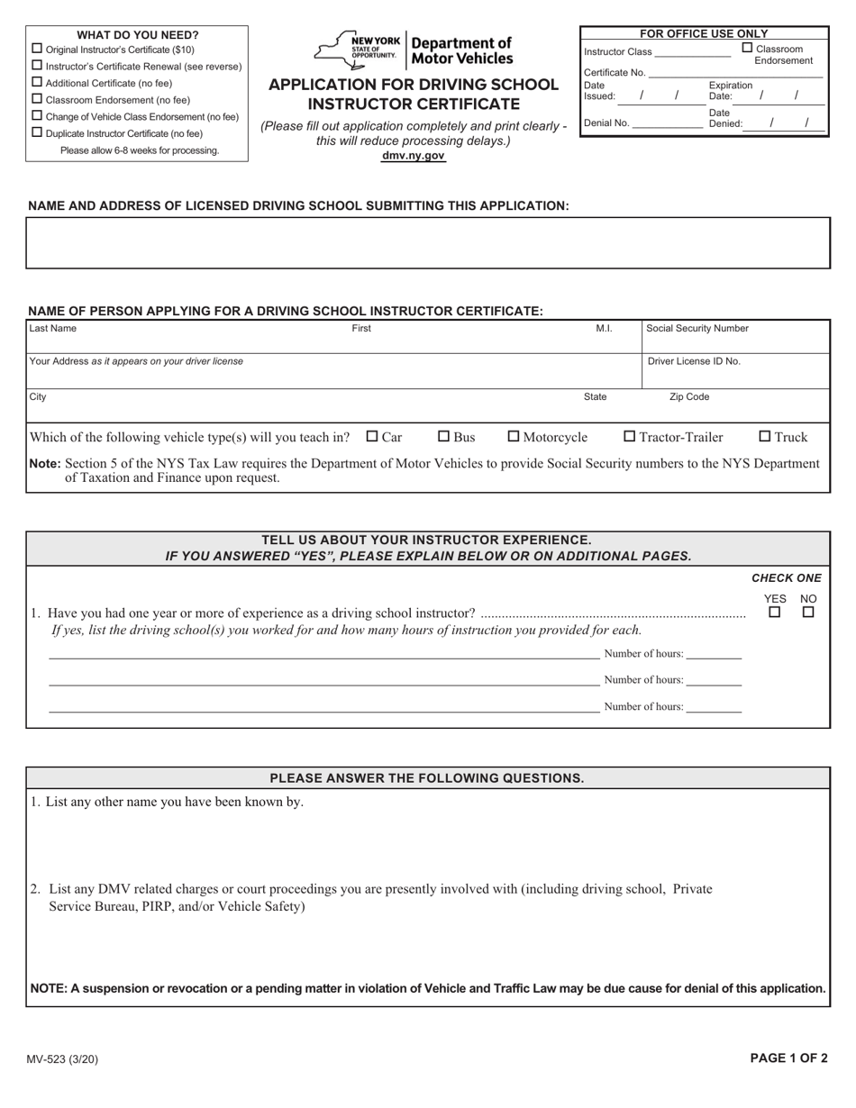 Form MV-523 Application for Driving School Instructor Certificate - New York, Page 1