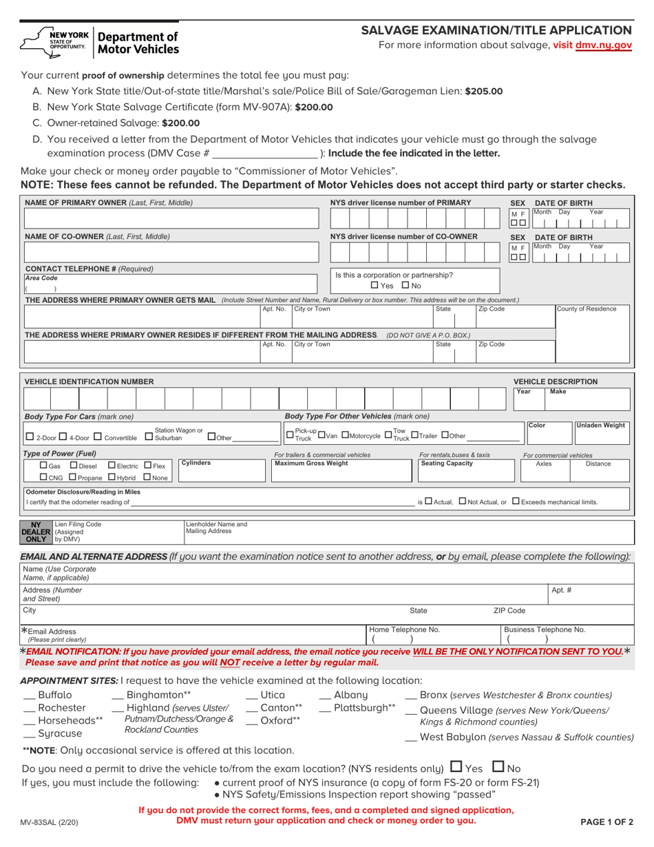 Form MV-83SAL Salvage Examination / Title Application - New York, Page 1