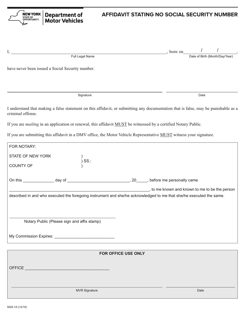 Form NSS-1A Affidavit Stating No Social Security Number - New York, Page 1