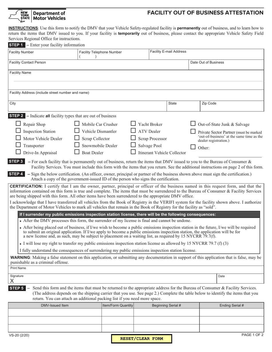 Form VS-20 Download Fillable PDF or Fill Online Facility out of ...