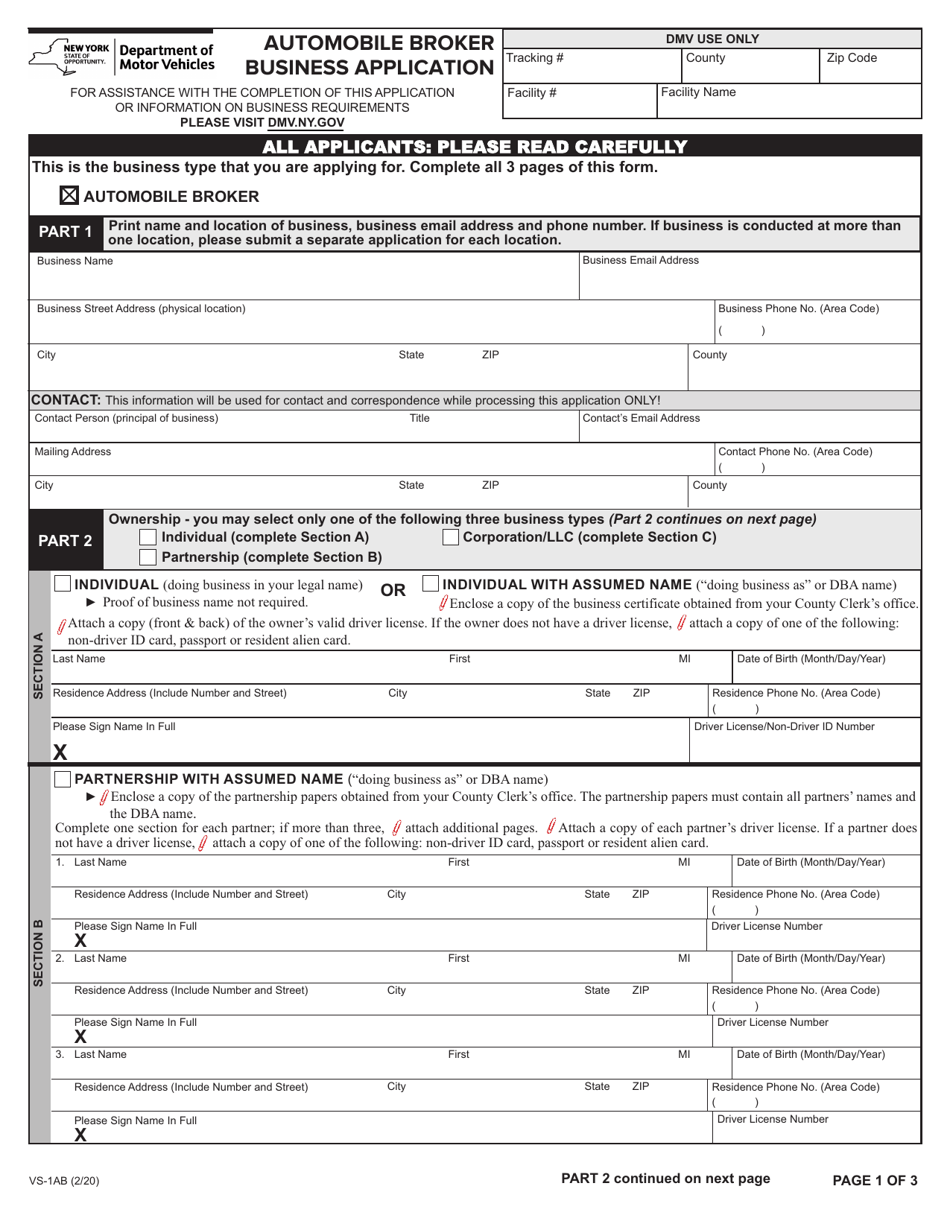 Form VS-1AB Automobile Broker Business Application - New York, Page 1