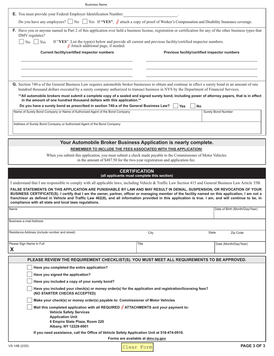 Form VS-1AB Automobile Broker Business Application - New York, Page 3