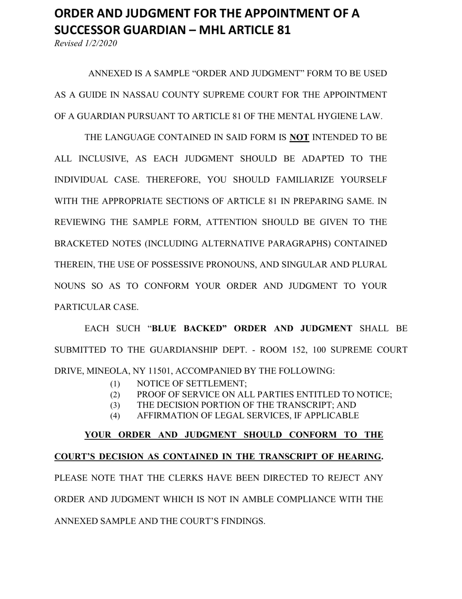 Order and Judgement Appointing Successor Guardian and Directing Final Report and Account - Nassau County, New York, Page 1
