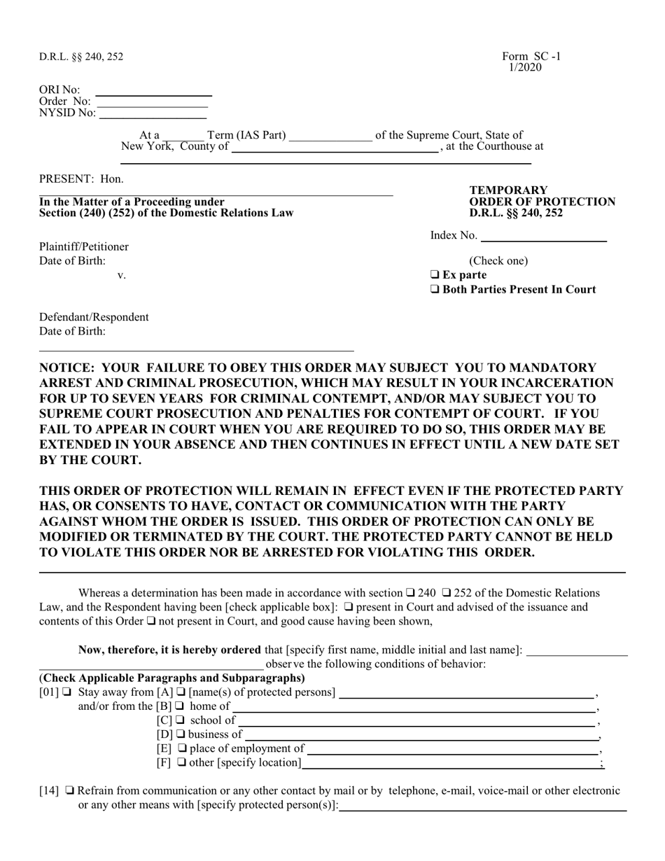 Form SC-1 Temporary Order of Protection - New York, Page 1