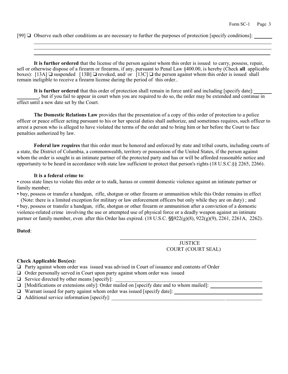 Form SC-1 Temporary Order of Protection - New York, Page 3