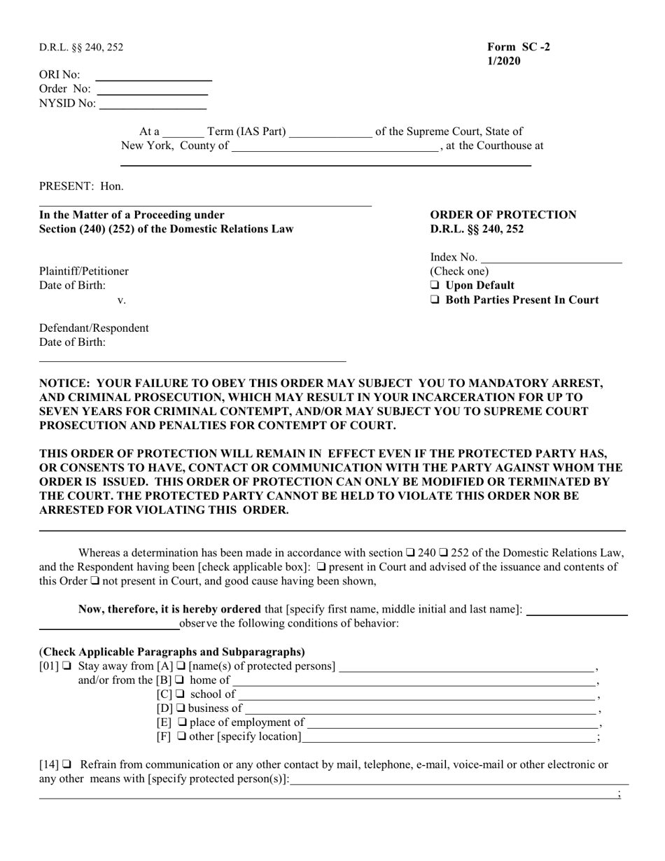 Form SC-2 Order of Protection - New York, Page 1