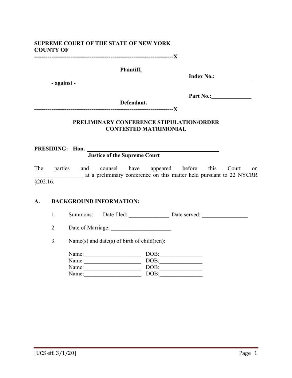 Preliminary Conference Stipulation / Order Contested Matrimonial - New York, Page 1