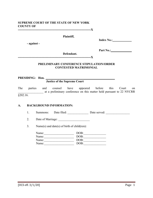 Preliminary Conference Stipulation / Order Contested Matrimonial - New York Download Pdf