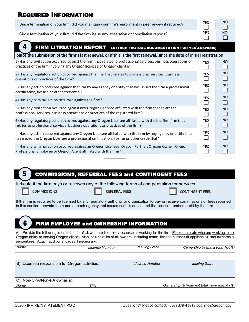 Firm Reinstatement Application - Oregon, Page 6