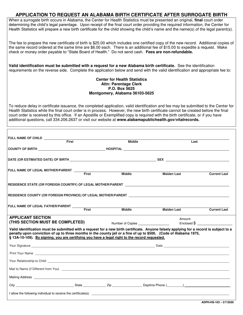 Form ADPH-HS-103 Application to Request an Alabama Birth Certificate After Surrogate Birth - Alabama, Page 1