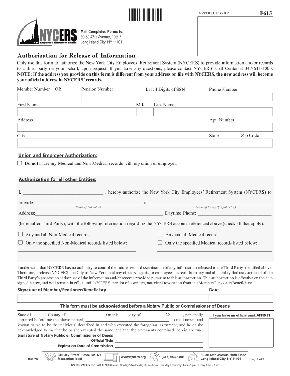 Form F615 Authorization for Release of Information - New York City, Page 1