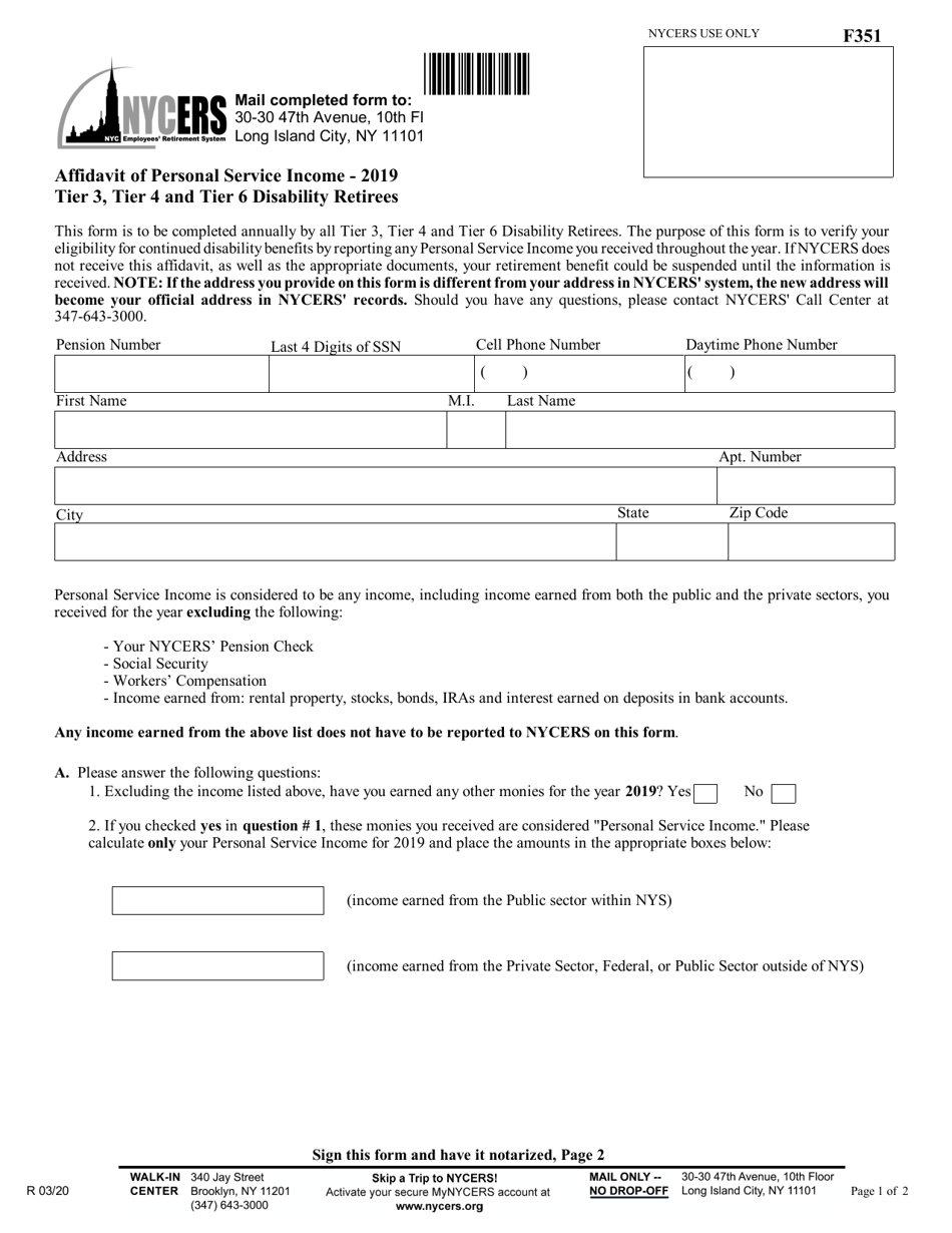 Form F351 Affidavit of Personal Service Income - Tier 3, Tier 4 and Tier 6 Disability Retirees - New York City, Page 1