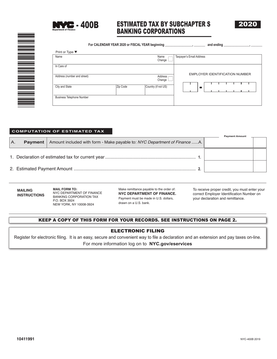 Form NYC-400B Estimated Tax by Subchapter S Banking Corporations - New York City, Page 1