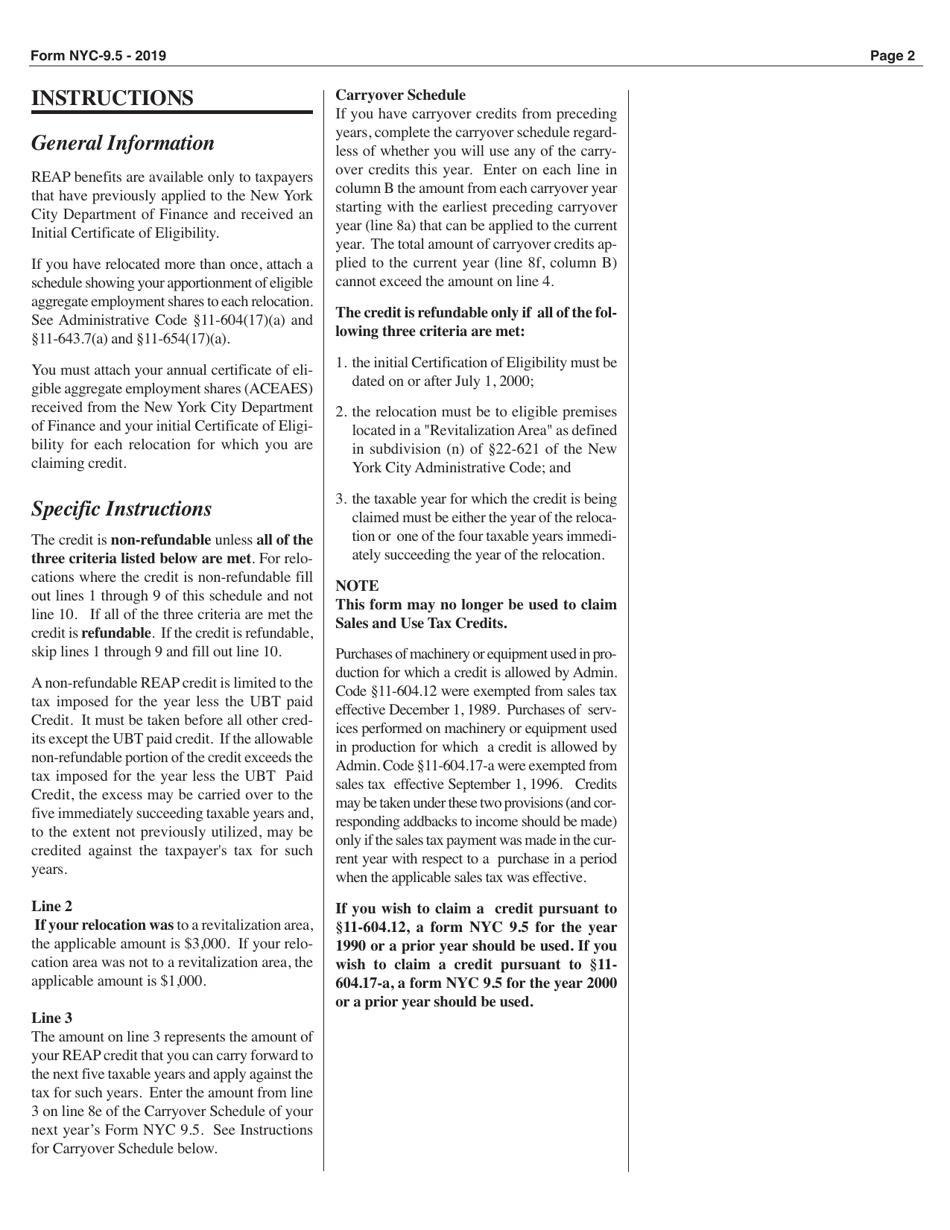 Form NYC-9.5 Claim for Reap Credit Applied to Business, General and Banking Corporation Taxes - New York City, Page 2