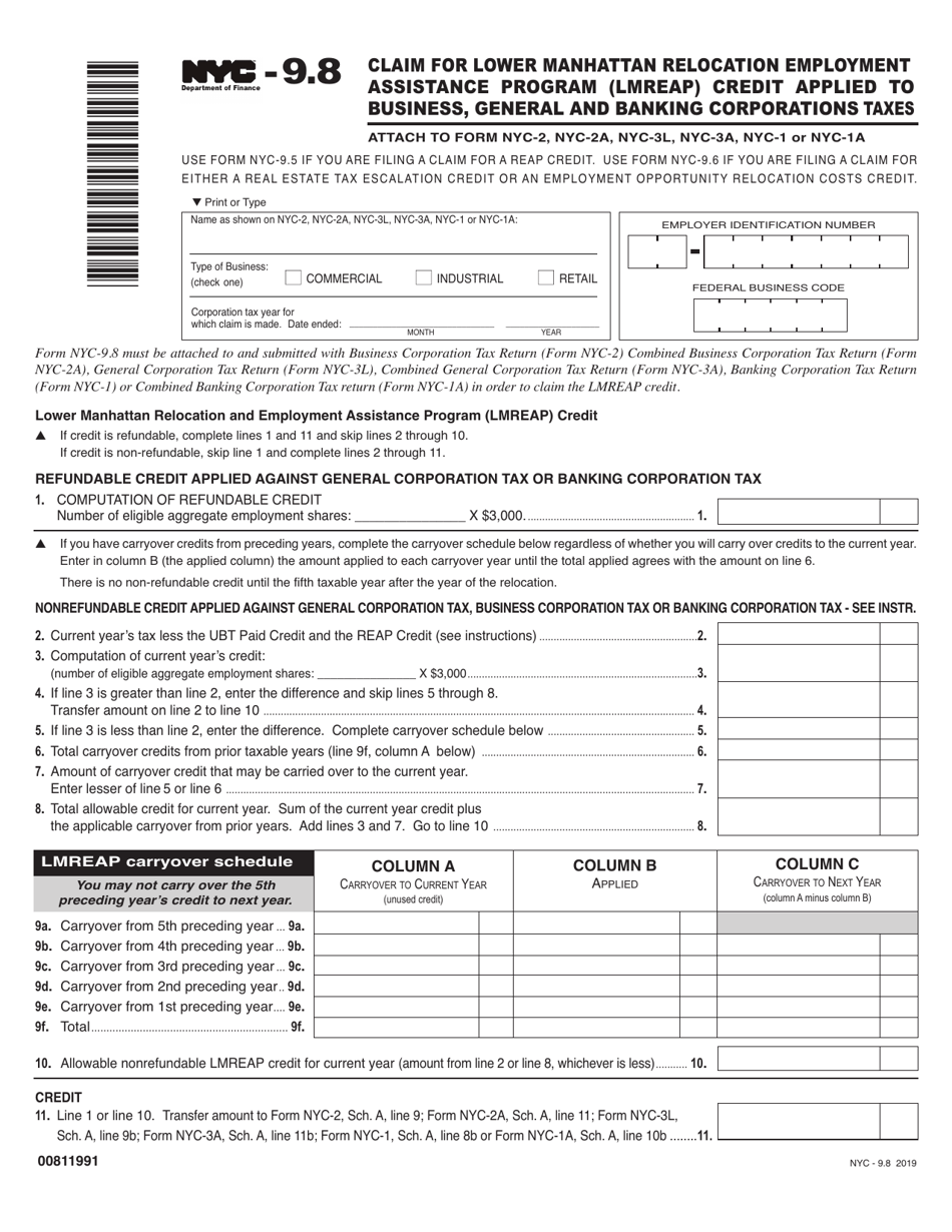 Form NYC-9.8 Claim for Lower Manhattan Relocation Employment Assistance Program (Lmreap) Credit Applied to Business, General and Banking Corporation Taxes - New York City, Page 1