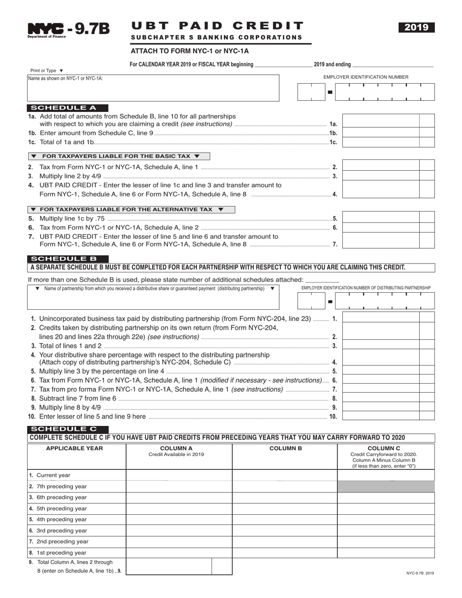 Form NYC-9.7B Ubt Paid Credit (Subchapter S Banking Corporations) - New York City, Page 1