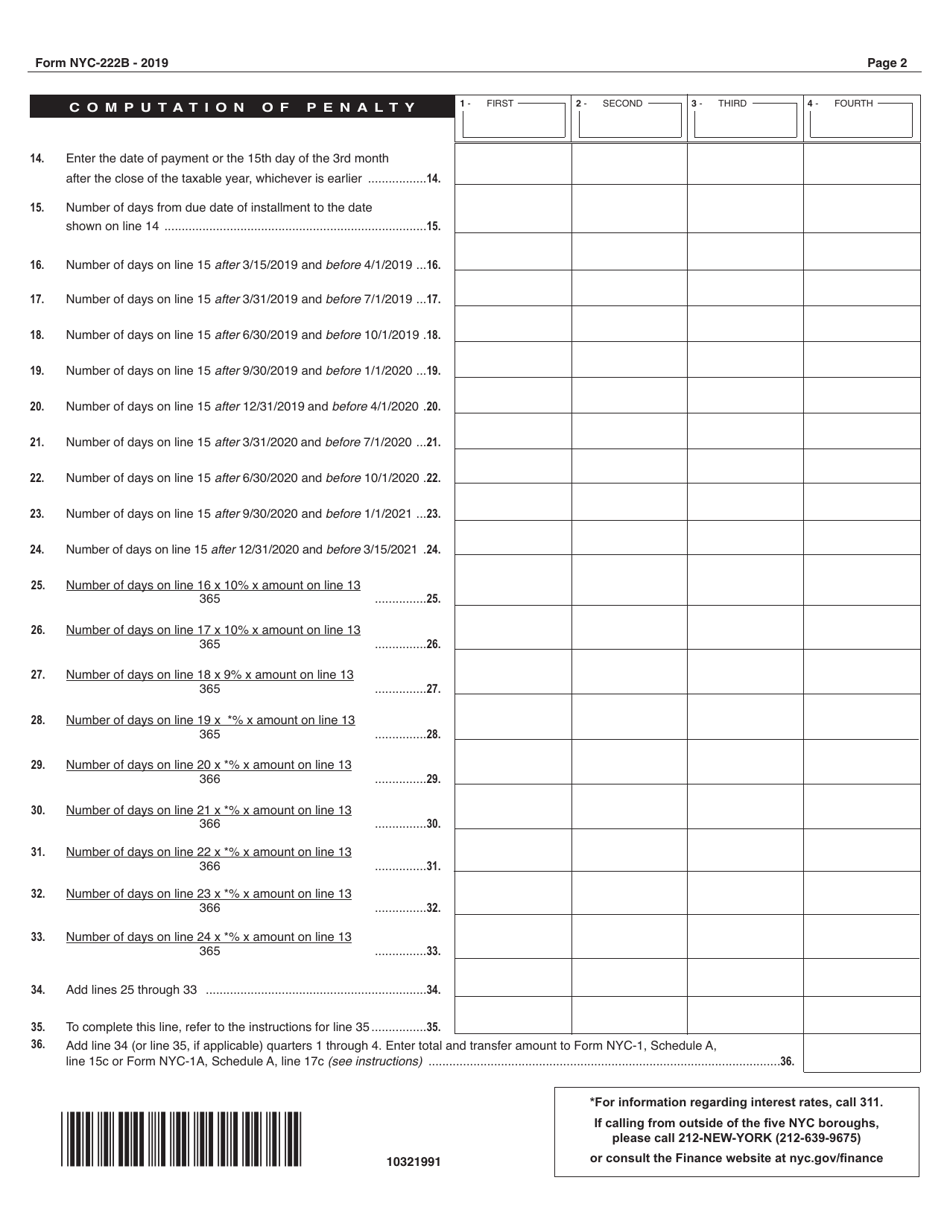 Form NYC-222B Underpayment of Estimated Tax by Subchapter S Banking Corporations - New York City, Page 2