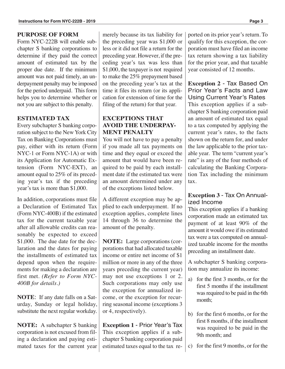 Form NYC-222B Underpayment of Estimated Tax by Subchapter S Banking Corporations - New York City, Page 3