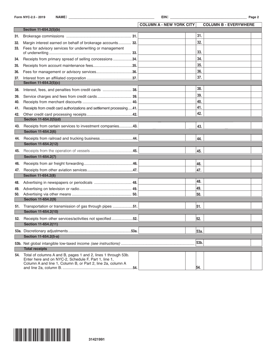 Form NYC-2.5 Computation of Receipts Factor - New York City, Page 2