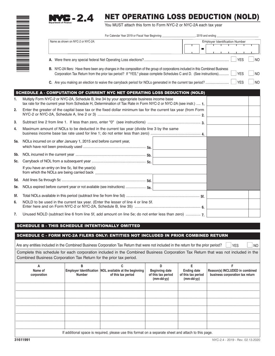 Form NYC2.4 Download Printable PDF or Fill Online Net Operating Loss