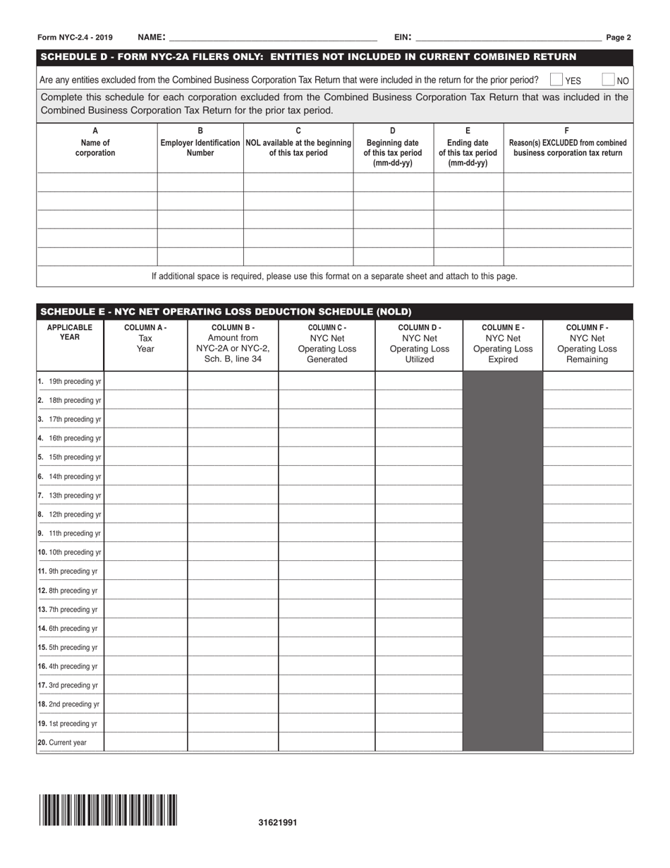 Form NYC-2.4 Net Operating Loss Deduction (Nold) - New York City, Page 2