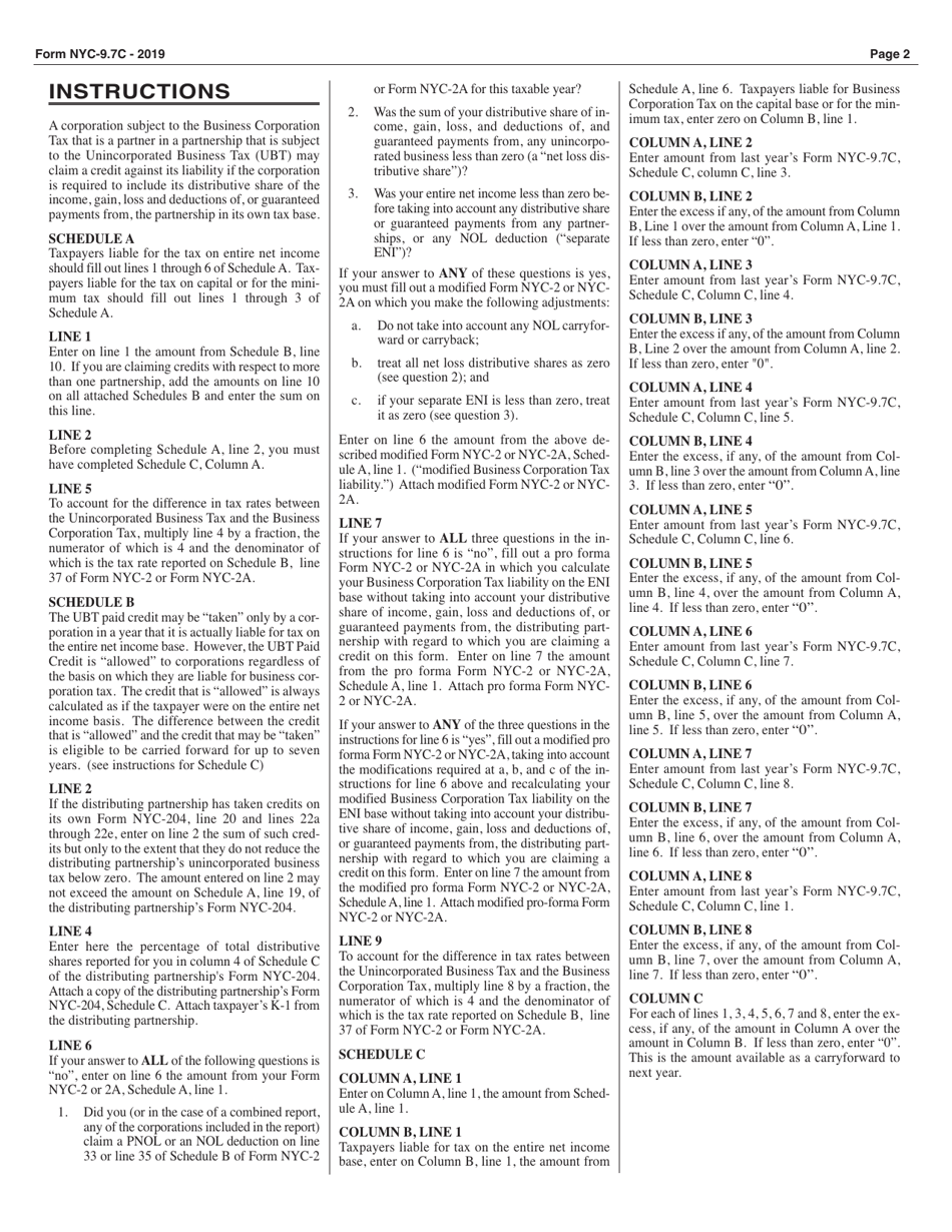 Form NYC-9.7C Ubt Paid Credit (Business Corporations) - New York City, Page 2