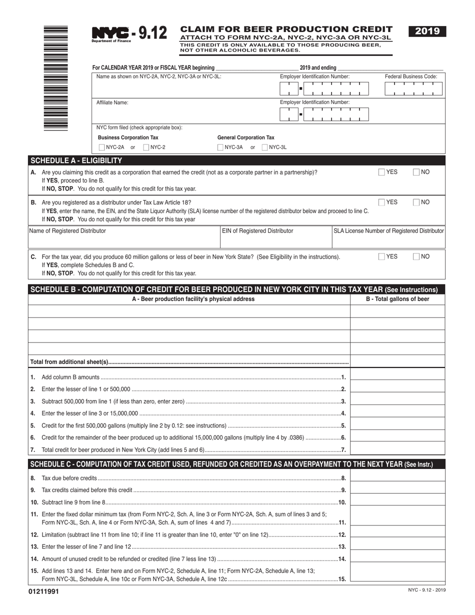 Form NYC-9.12 Claim for Beer Production Credit - New York City, Page 1