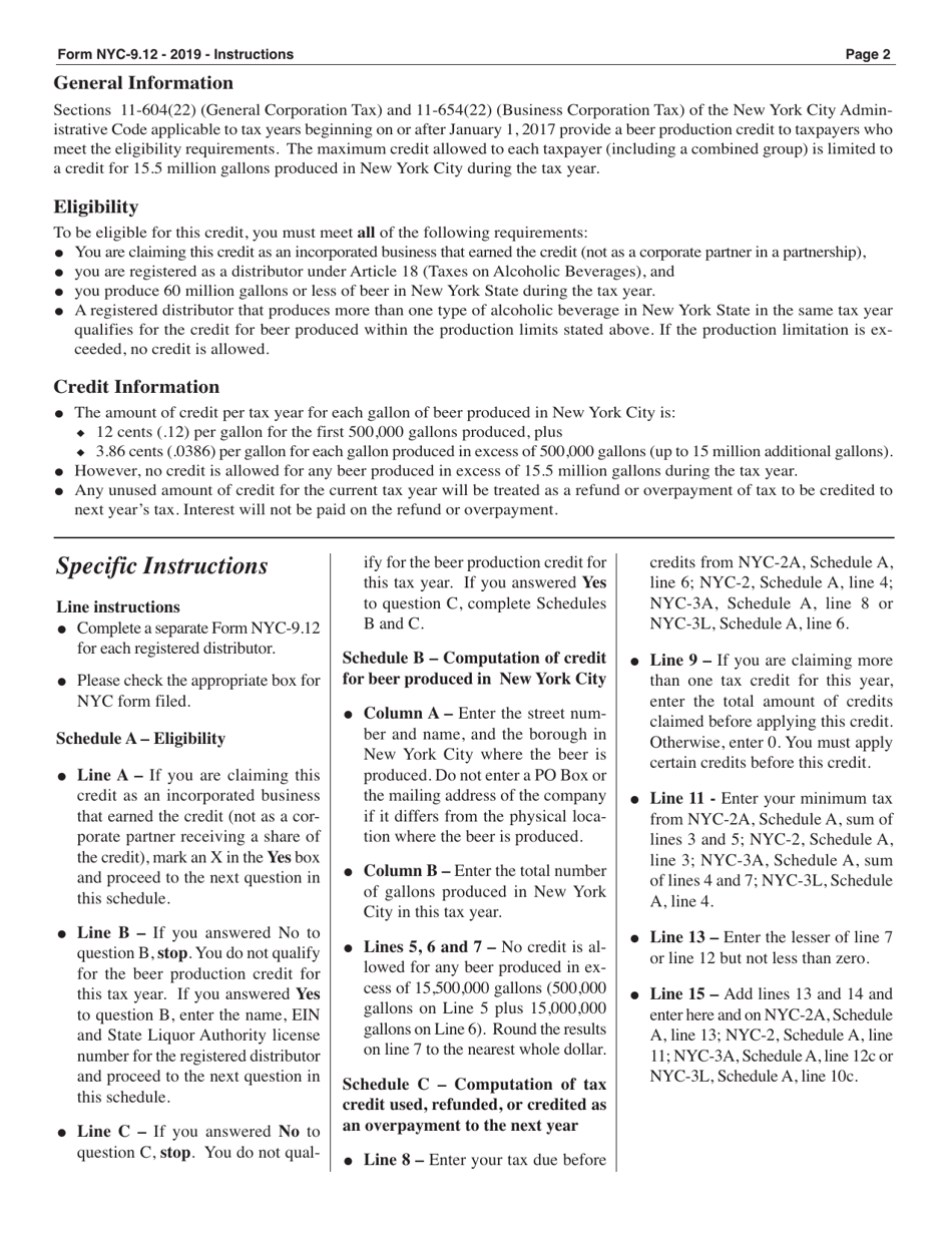 Form NYC-9.12 Claim for Beer Production Credit - New York City, Page 2