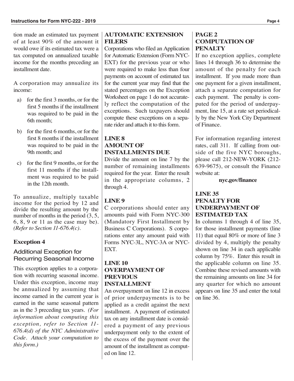 Form NYC-222 Underpayment of Estimated Tax by Business and General Corporations - New York City, Page 4