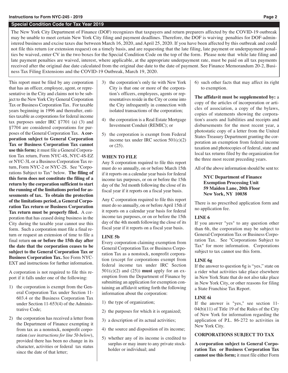 Form NYC-245 Activities Report of Business and General Corporations - New York City, Page 2
