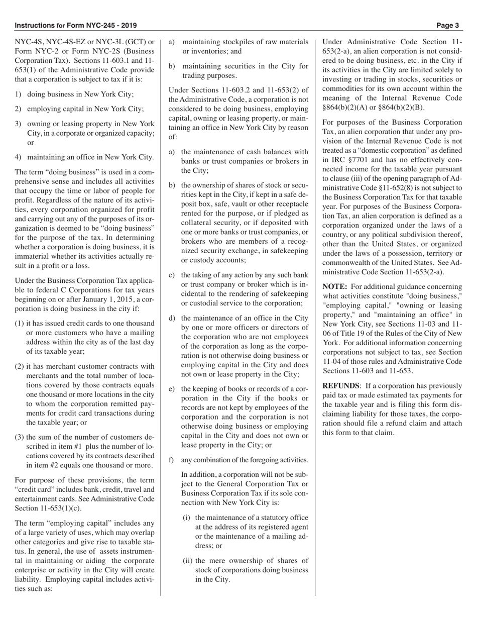 Form NYC-245 Activities Report of Business and General Corporations - New York City, Page 3