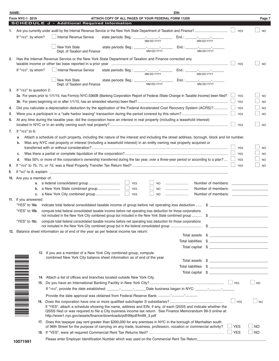 Form NYC-1 Tax Return for Banking Corporations - New York City, Page 7