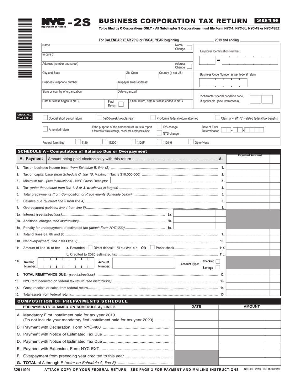 Form NYC-2S Business Corporation Tax Return - Short Form - New York City, Page 1