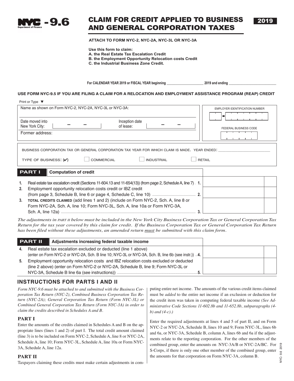 Form NYC-9.6 Claim for Credit Applied to Business and General Corporation Taxes - New York City, Page 1
