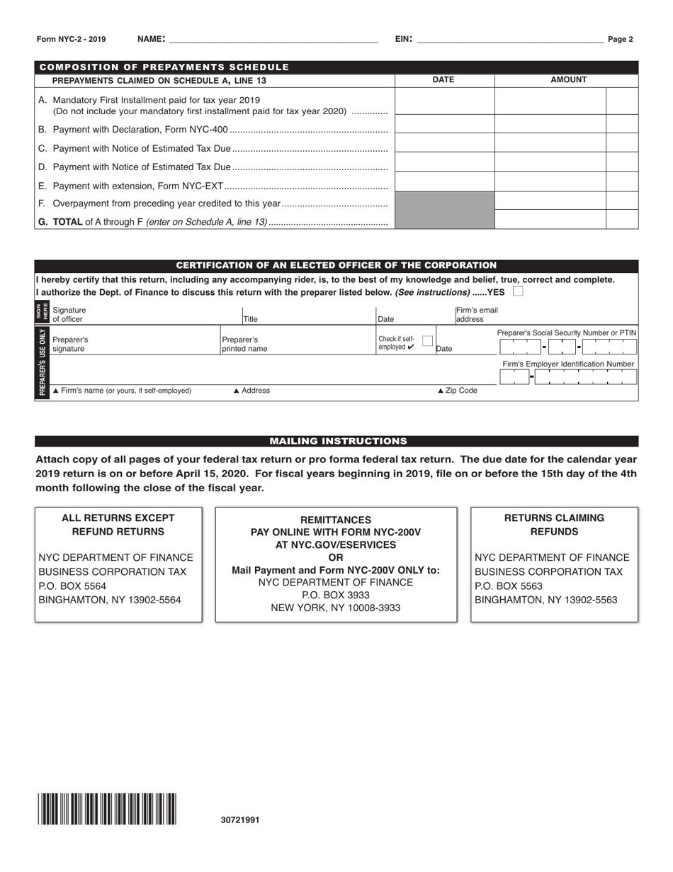 Form NYC-2 Business Corporation Tax Return - New York City, Page 2