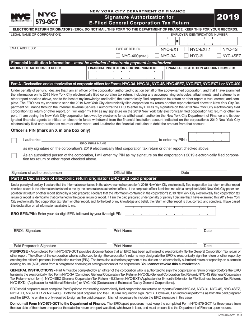 Form NYC-579-GCT Signature Authorization for E-Filed General Corporation Tax Return - New York City, Page 1