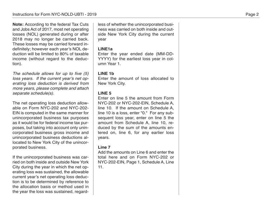 Form NYC-NOLD-UBTI Net Operating Loss Deduction Computation (For Individuals, Single-Member Llcs, Estates and Trusts) - New York City, Page 2