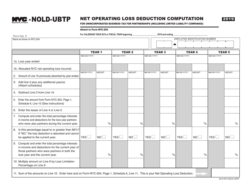 Form NYC-NOLD-UBTP Net Operating Loss Deduction Computation (For Partnerships Including Limited Liability Companies) - New York City, Page 1