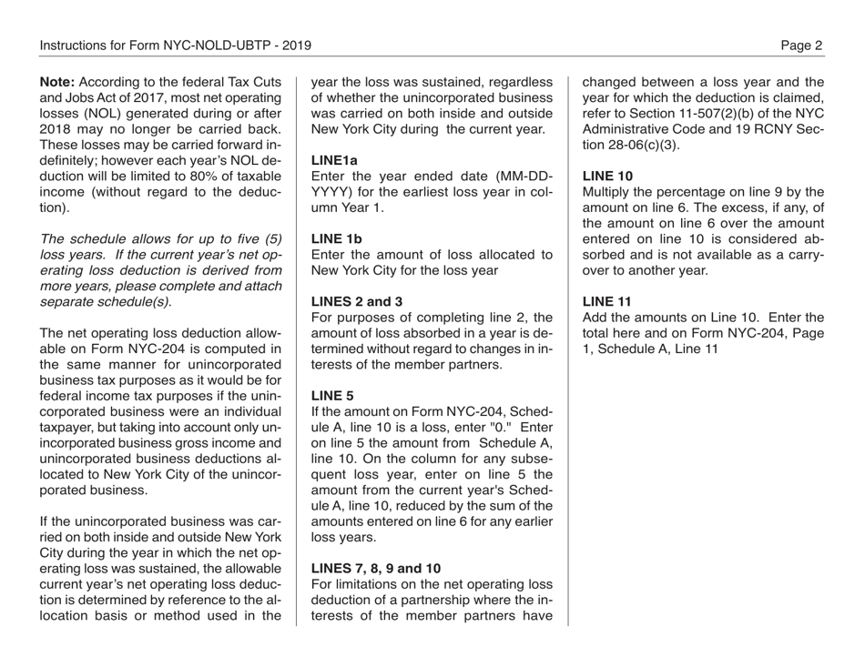 Form NYC-NOLD-UBTP Net Operating Loss Deduction Computation (For Partnerships Including Limited Liability Companies) - New York City, Page 2