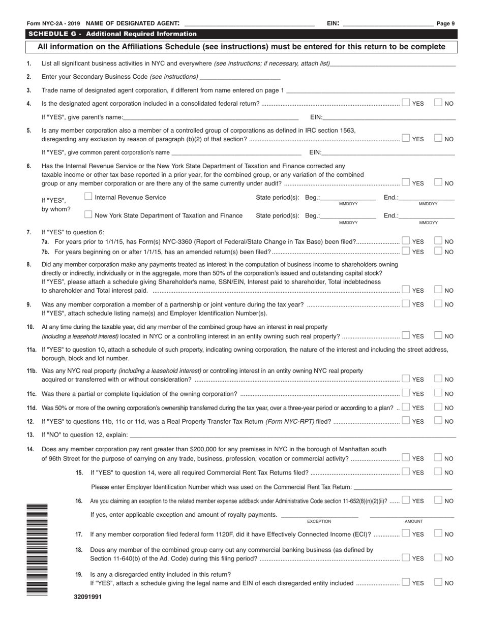Form NYC-2A Combined Business Corporation Tax Return - New York City, Page 9