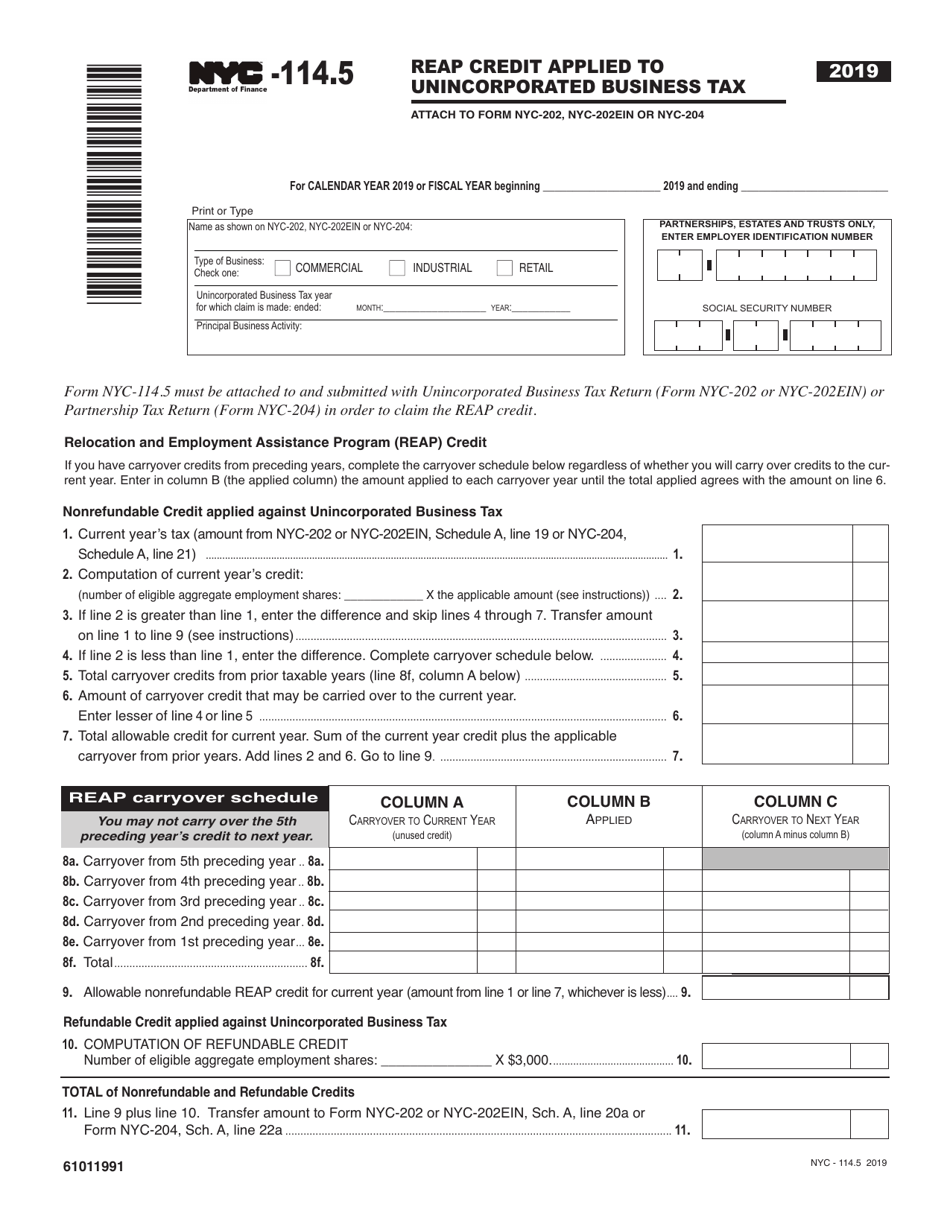 Form NYC-114.5 Reap Credit Applied to Unincorporated Business Tax - New York City, Page 1