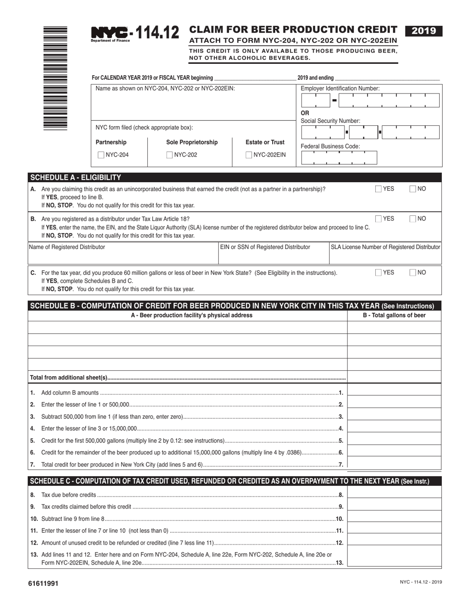 Form NYC-114.12 Claim for Beer Production Credit - New York City, Page 1